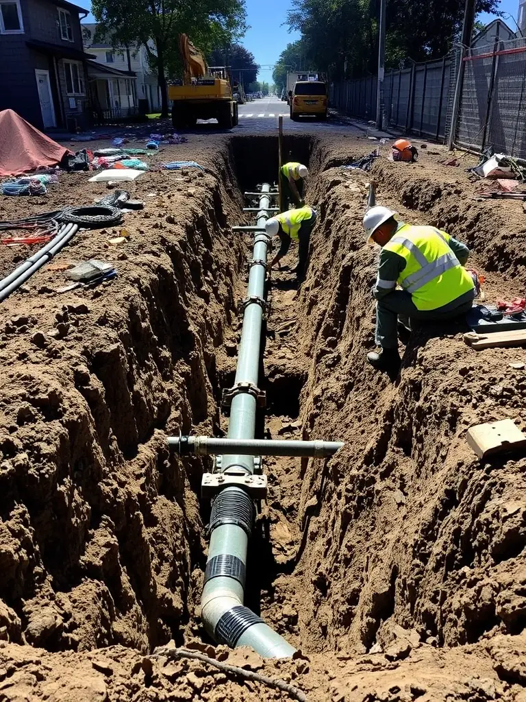 A photograph capturing the installation of new underground utilities (drainage, electrical, communications, water supply, and gas) during the Sovetski Roads Infrastructure project, showcasing the comprehensive nature of the infrastructure upgrades.