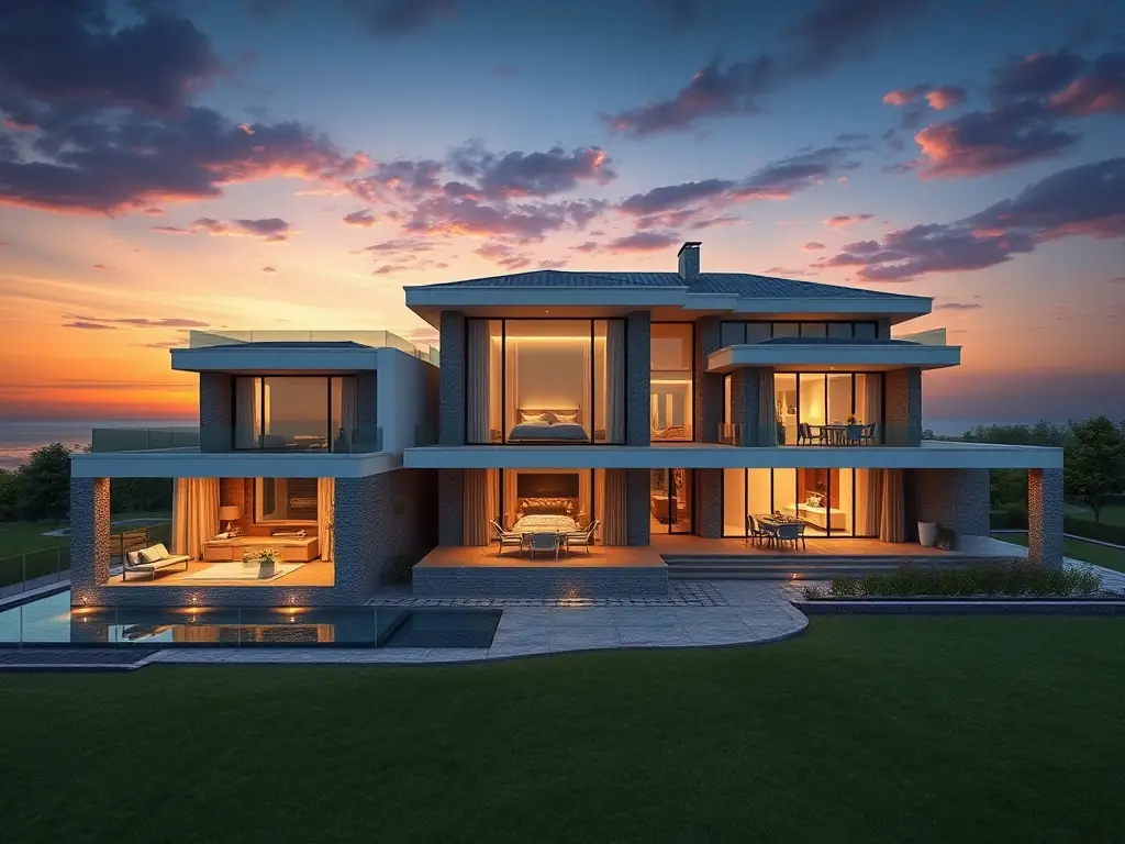 A high-resolution architectural rendering showcasing the villa's exterior, emphasizing the six bedrooms and the overall layout of the living spaces, set against the backdrop of Sea Breeze, Azerbaijan.