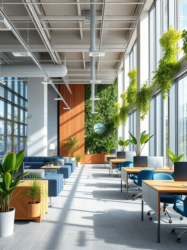 A modern office interior featuring natural light, sustainable materials, and biophilic design elements, reflecting METSL's commitment to environmental responsibility.