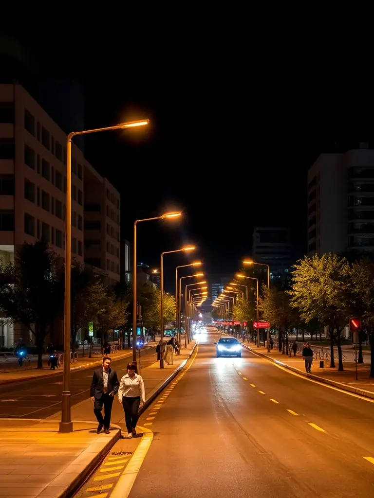 A nighttime photograph highlighting the new street lighting installations along Abdullah Shaig Street in Baku, demonstrating the improved safety and visibility for pedestrians and drivers.