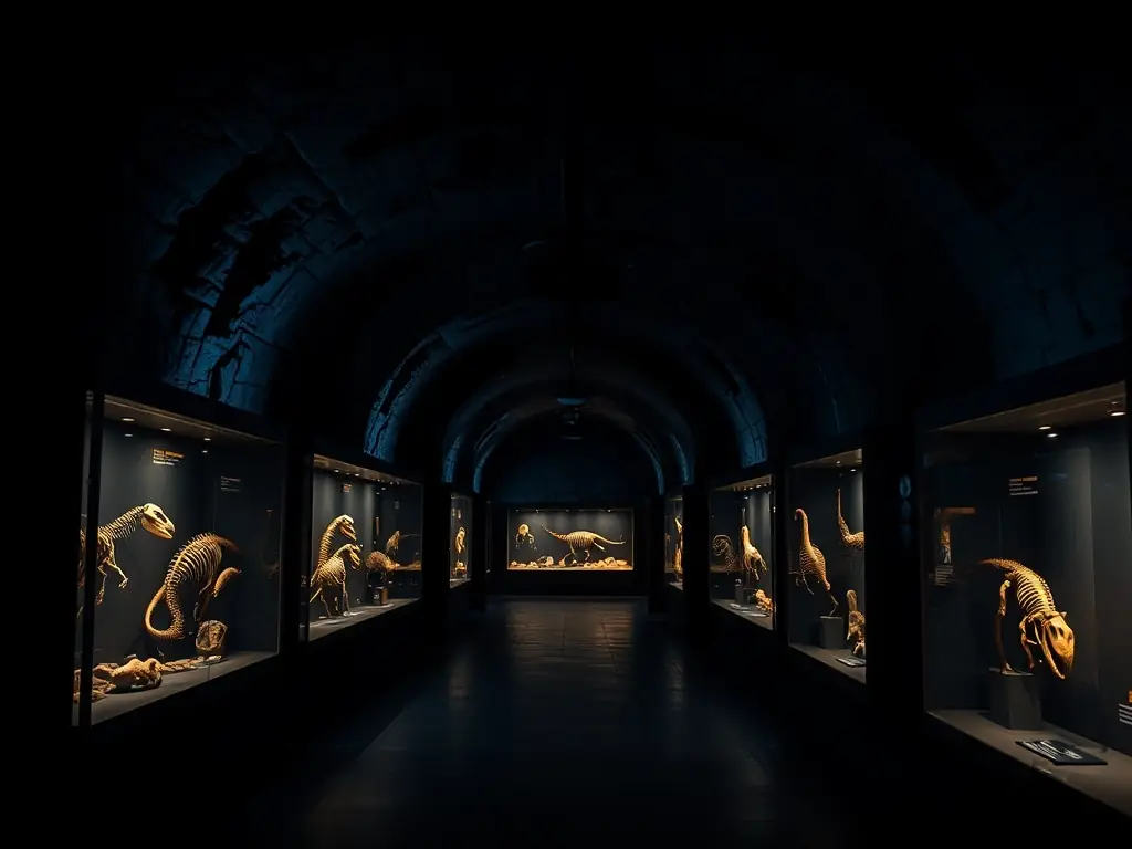 An interior shot of the museum's basement level, showcasing the dark, immersive environment with illuminated exhibition cases highlighting paleontological finds.