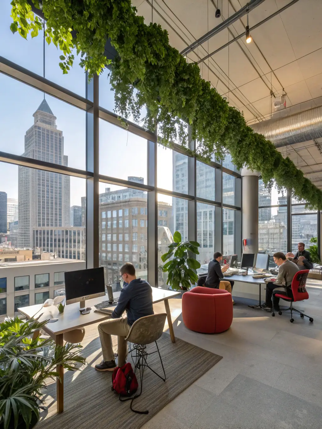 A brightly lit, open-plan office space designed by METSL, showcasing ergonomic furniture and collaborative work zones, promoting employee well-being and productivity.