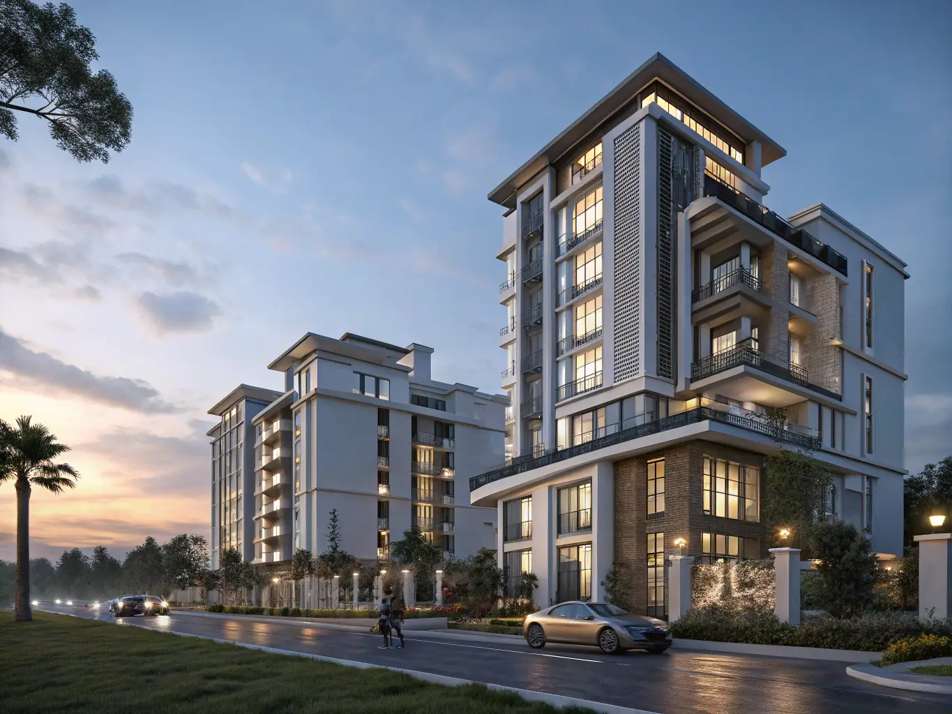 A high-angle architectural rendering showcasing the three towers of Park View Residence, emphasizing their varying heights (16, 14, and 12 stories) and the combined double-height podium.