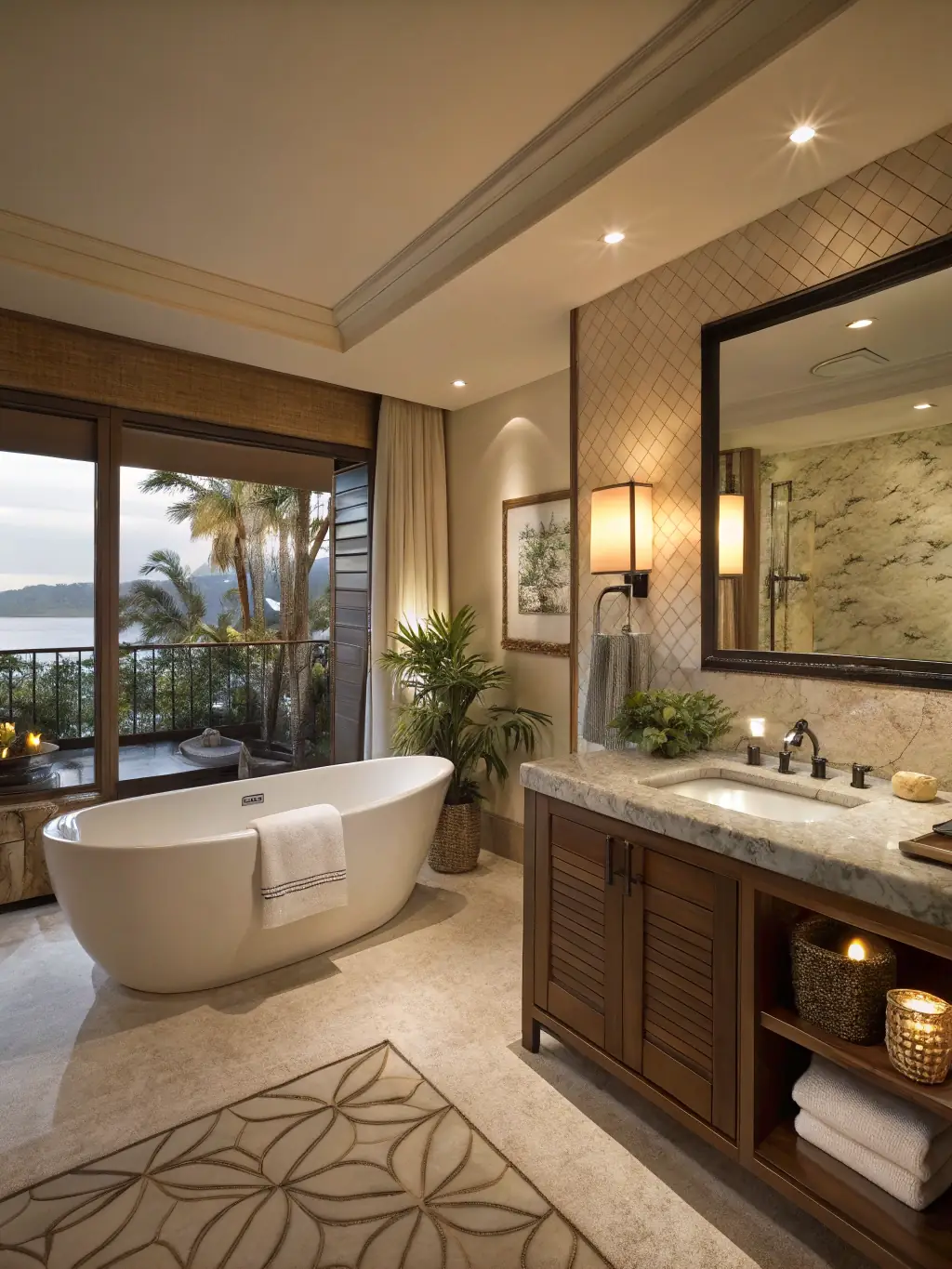A luxurious spa bathroom in the Officers Residence, with a freestanding soaking tub, a glass-enclosed shower, and marble finishes, emphasizing the building's focus on resident comfort and relaxation.
