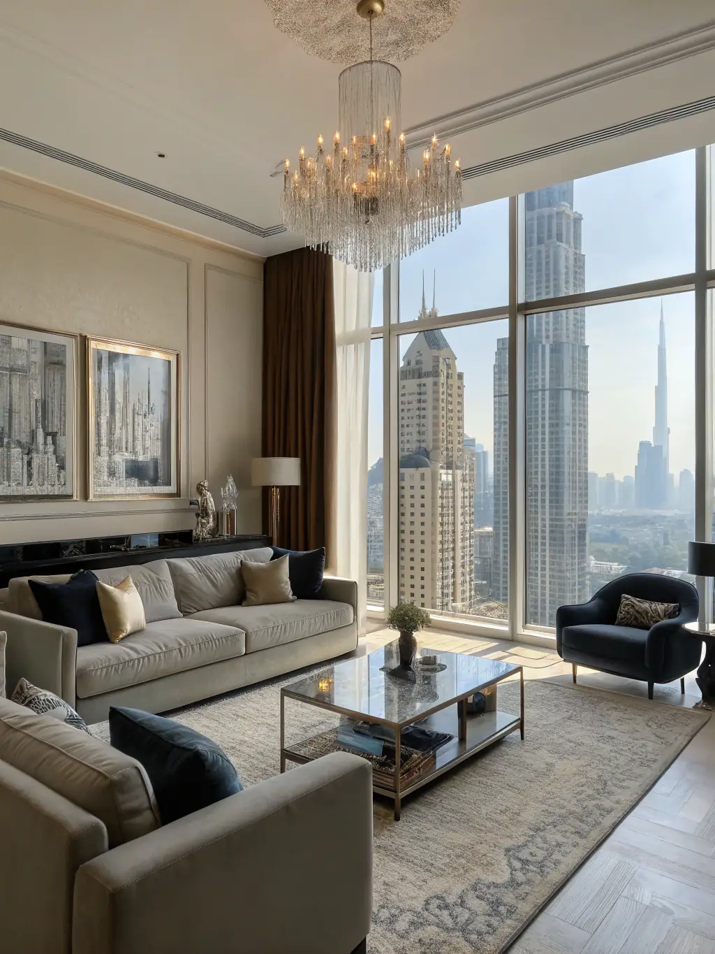 A stylishly decorated living room in the Officers Residence, featuring contemporary furniture, a large flat-screen TV, and a floor-to-ceiling window with a view of the city, demonstrating the building's modern design aesthetic.
