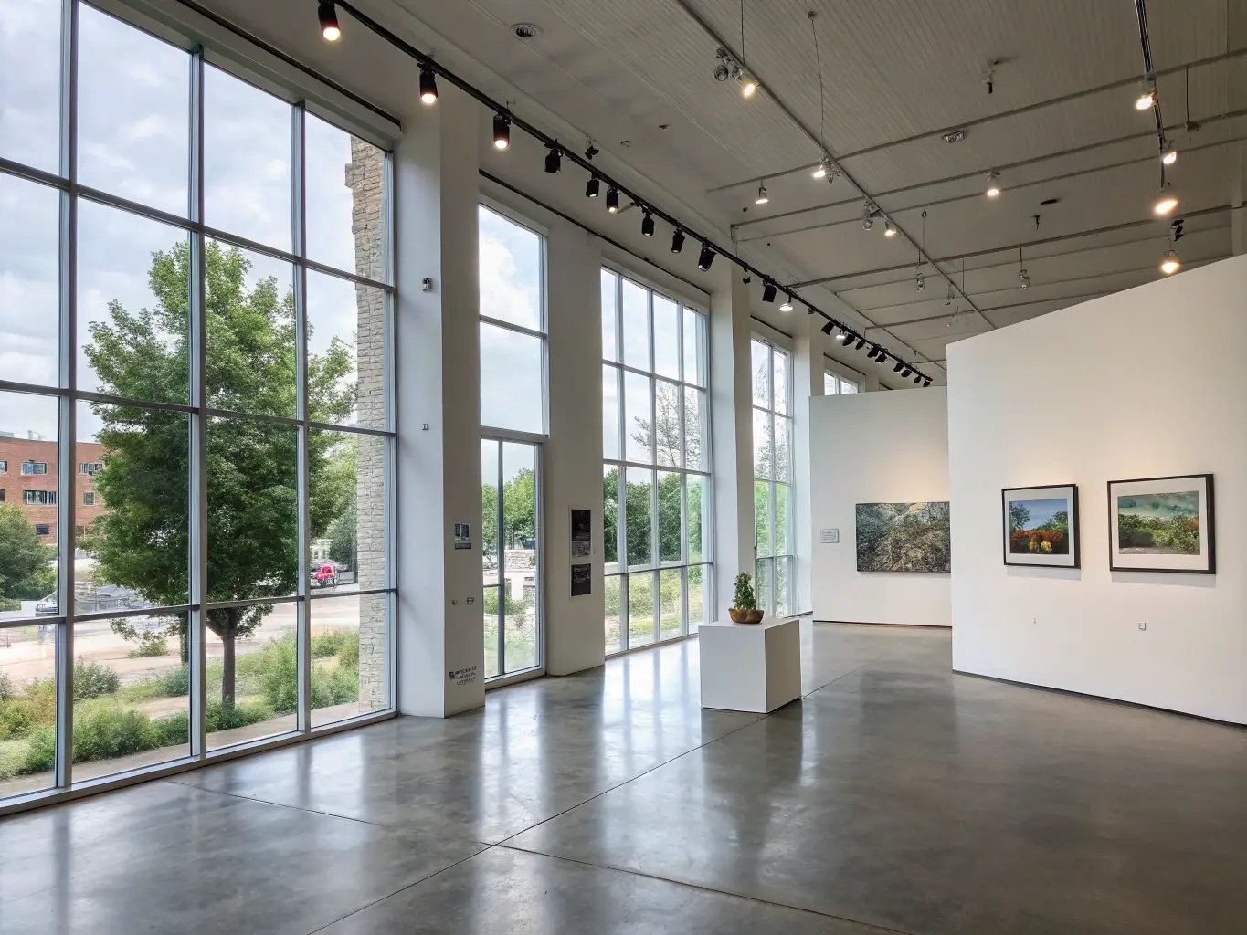 A photograph showcasing the museum's floor-to-ceiling windows, allowing natural light to flood the exhibition space, with a view of the surrounding park.