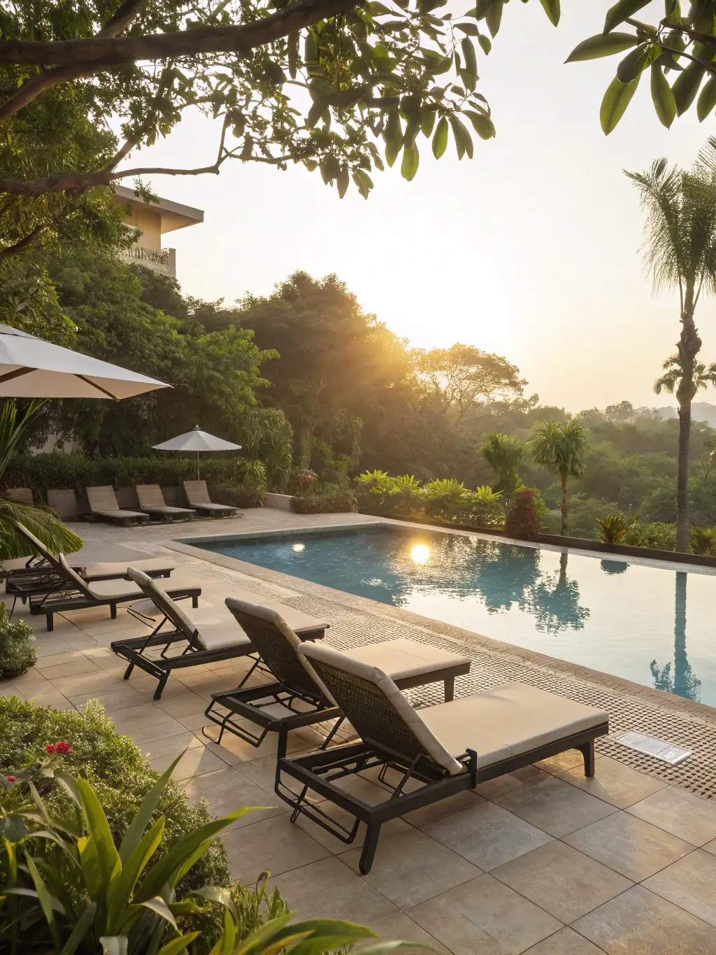 A rendering of the Officers Residence's outdoor pool and lounge area, showcasing comfortable seating, lush landscaping, and a stunning view of the city skyline, highlighting the building's recreational amenities.