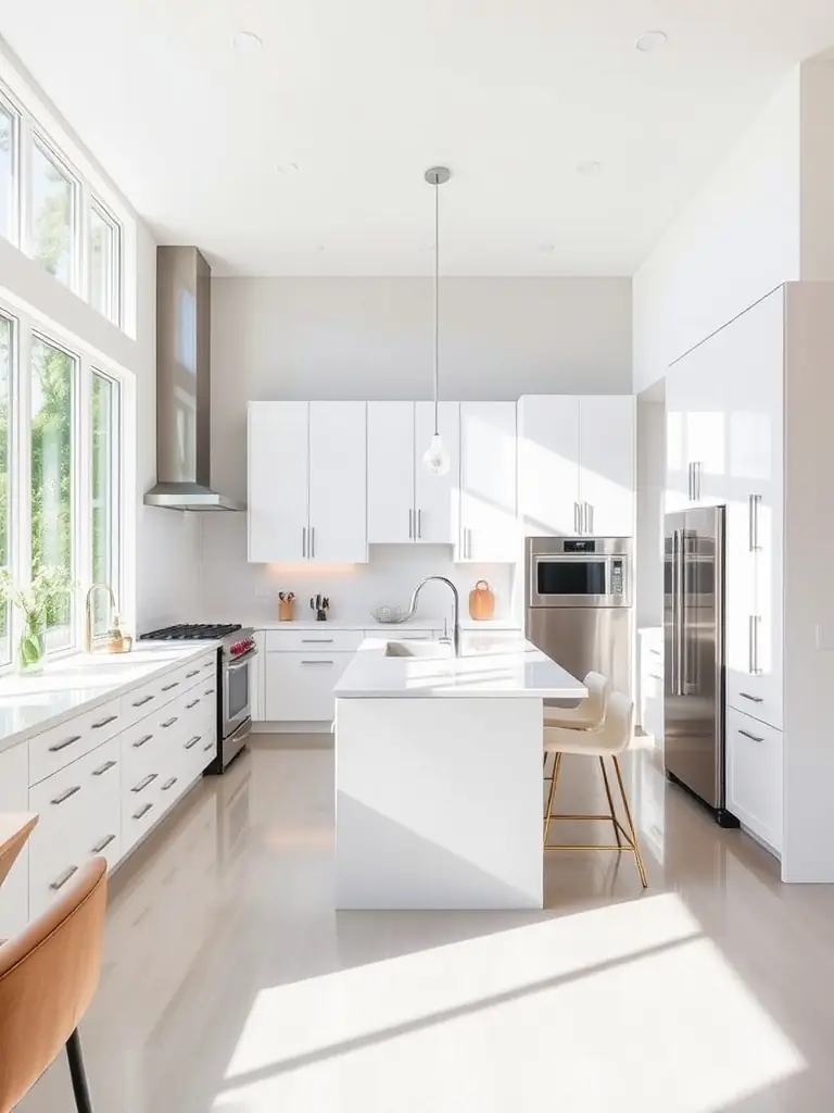 A brightly lit, modern kitchen in the Officers Residence, featuring stainless steel appliances, a large island with seating, and floor-to-ceiling windows offering a city view, showcasing the high-end amenities.